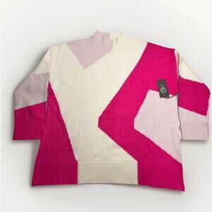 2X Vince Camuto Sweater Pink White Geometric Holiday 3/4 Slve High Neck NWT READ